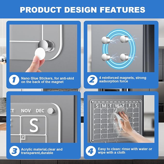 Acrylic Magnetic Monthly and to Do List for Fridge, Acrylic Clear Magnetic Dry Erase Board Calendar for Refrigerator, Reusable Planning Board, Planner Includes 6 Dry Erase Markers (16"x12"+ 8"x12")