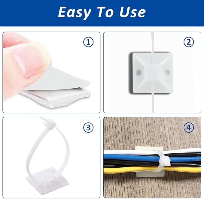 Strong Back-Glue Self Adhesive Cable Zip Tie Mounts Kit - 50 Set Cable Management Clips with 6" Zip Ties, Wire Holders - Outdoor Sticky Wire Organizer Clips-Black (50 Set, White)