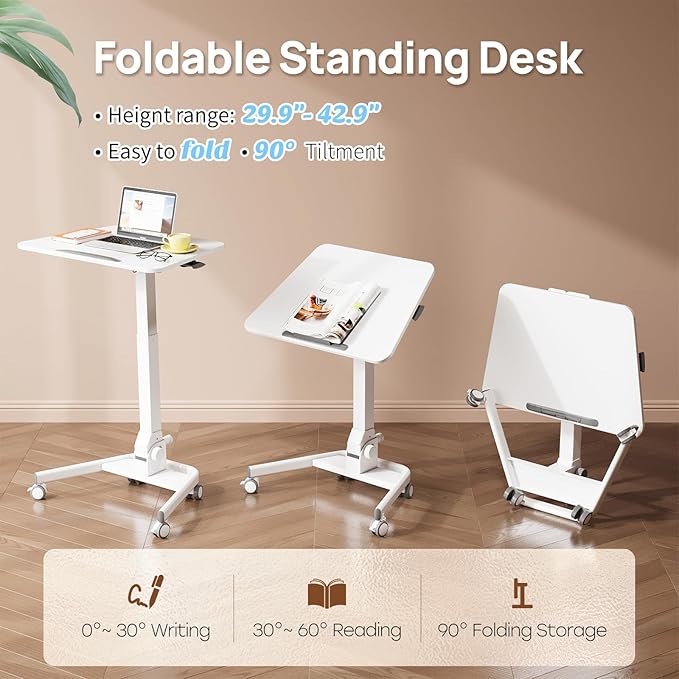 Foldable Mobile Standing Desk, 90 Tiltable Rolling Standing Desk, Height Adjustable Portable Laptop Workstation for Home Office, Easy to Fold, White