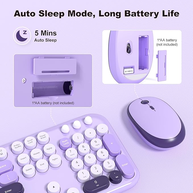 MOFII Wireless Keyboard and Mouse Combo - Pale Violet Full Sized Plug and Play Colorful Computer Keyboards - 104 Keys Round Keycap USB 2.4G Cute Keyboard for Windows/Laptop/Mac/Desktop/PC