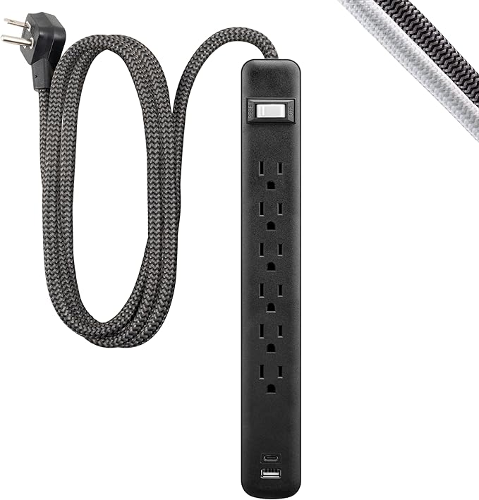 GE 6-Outlet Power Strip with USB, 1 USB-A, 1 USB-C, Outlet Extender, 6 Ft Braided Extension Cord, Flat Plug, Charging Station, Black, 82595