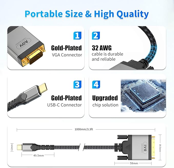 USB-C to VGA Adapter 3.3ft Cable,Plug & Play Type-C to VGA (15-Pin) Adapter with Metal Woven Shielding & Anti-Interference Ability,Projector,HDTV,Computer