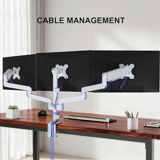 WALI Triple Monitor Mount for 13-32 inch Screens, Adjustable 3 Monitor Desk Mount with Swivel, Tilt, Clamp & Grommet Kit, Gas Spring Arm Triple Monitor Stand, VESA 75x75/100x100mm (GSDM003W), White