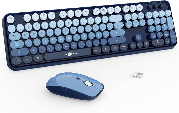 Wireless Keyboard and Mouse Combo,Retro Typewriter Style Gradient Blue Keyboard with Cute Bubble Round Keycaps,2.4GHz Full Size Clicky Creamy Keyboard & 3 DPI Mouse for PC Laptop Desktop-Navy Blue