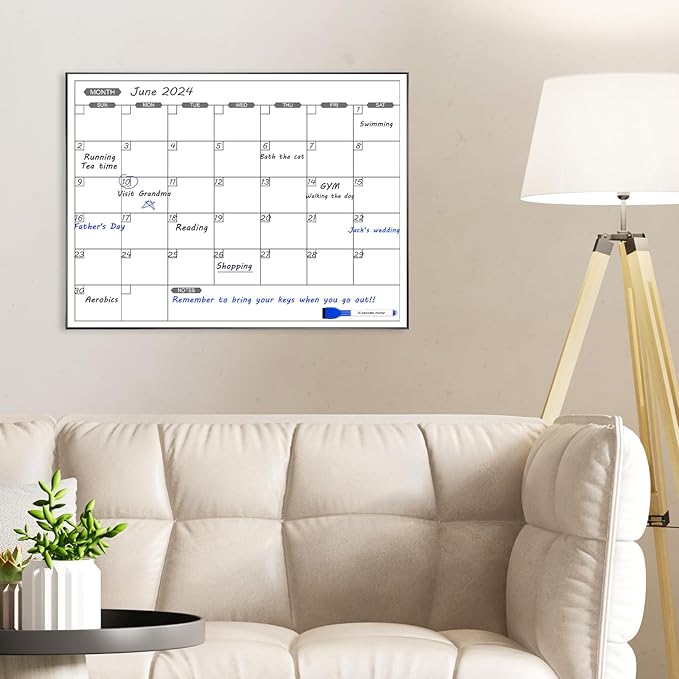 ARCOBIS Monthly Calendar Whiteboard, 24" x 18" Magnetic Dry Erase Calendar with Black Frame, Wall Hanging Planner for Home, Office, School
