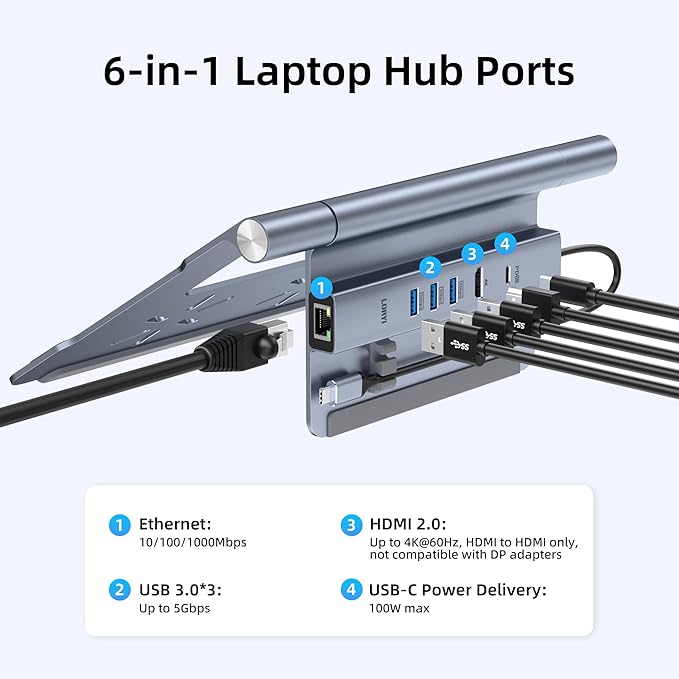 Laptop Docking Station Stand for Desk, 1.5ft 6 in 1 USB C Hub,4K60Hz HDMI, PD 100W, 3×USB 3.0 Hub, Gigabit Ethernet,Aluminum Adjustable Docking Stand for MacBook Air/Pro/Surface/Lenovo…