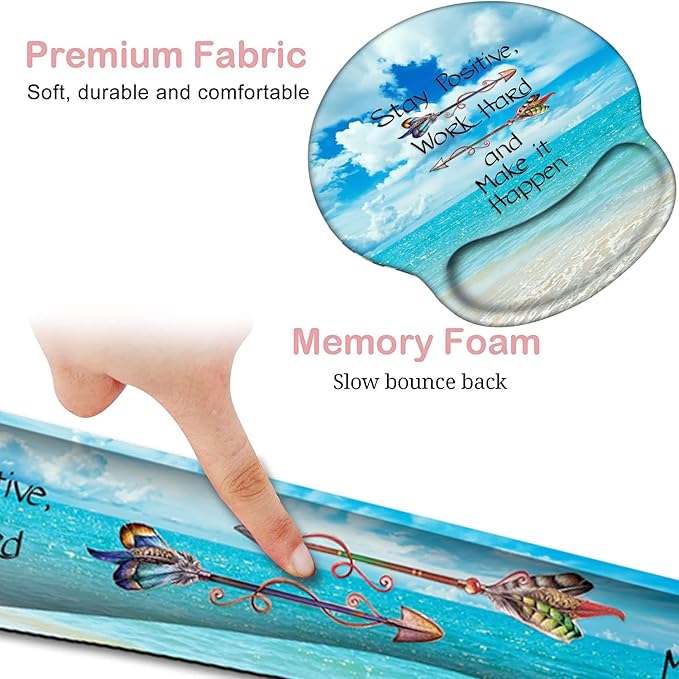 Keyboard Wrist Rest and Mouse Pad with Wrist Support, Ergonomic Gel Mouse Pad Coaster, Easy Typing Pain Relief, Memory Foam Keyboard Mousepad Set,Stay Positive Work Hard Make It Happen