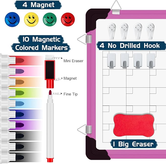 Dry Erase Calendar Whiteboard for Wall, 16" X 12" Magnetic White Board Dry Erase Calendar, Portable Hanging Dry Erase Board Framed Planner Memo Whiteboard Back to School Gift for Kid Student (Pink)