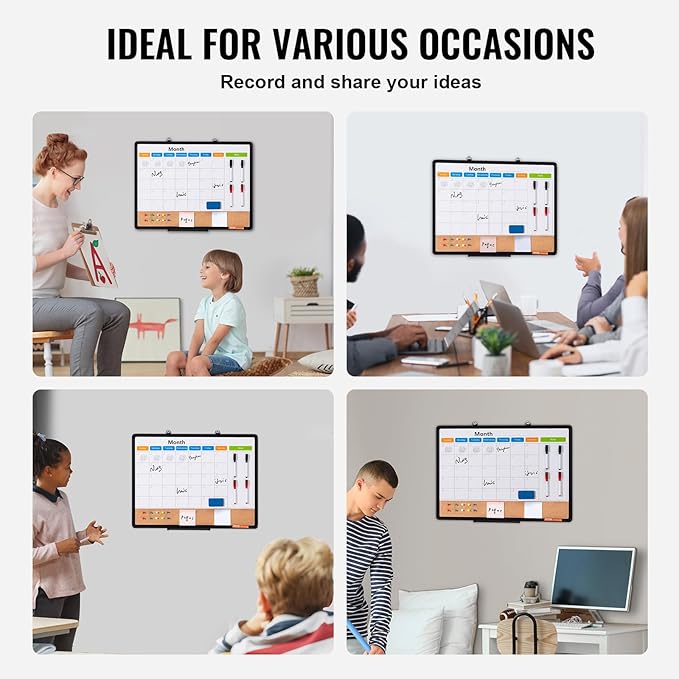 VEVOR 24"x 18" Monthly Calendar Whiteboard & Cork Board Combo with Aluminum Frame – 2-in-1 Magnetic Dry Erase Bulletin Board for Wall Mount – Ideal for School, Home, Office