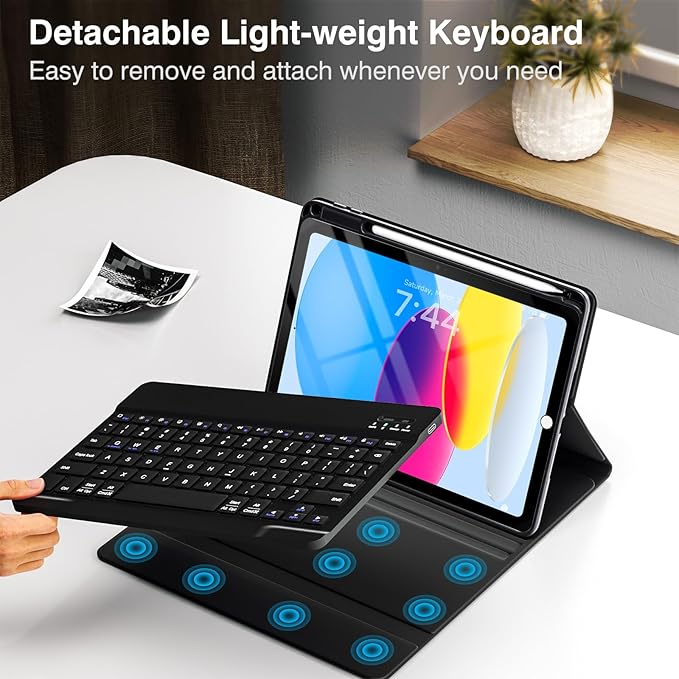OYEEICE for iPad 11th A16/ 10th Gen Case with Keyboard (2025/2022, 11/10.9 Inch) - Wireless, Detachable, Cover with Pencil Holder - Black