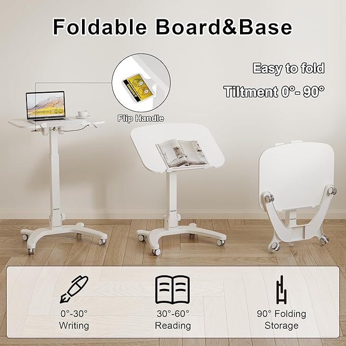 BONTEC Mobile Foldable Standing Desk, Portable Adjustable Height Desk with Gas Spring, Small Rolling Laptop Desk with Wheels for Home, Office, Bedroom, and Medical Use, 25.6" x 19.7" Desktop, White