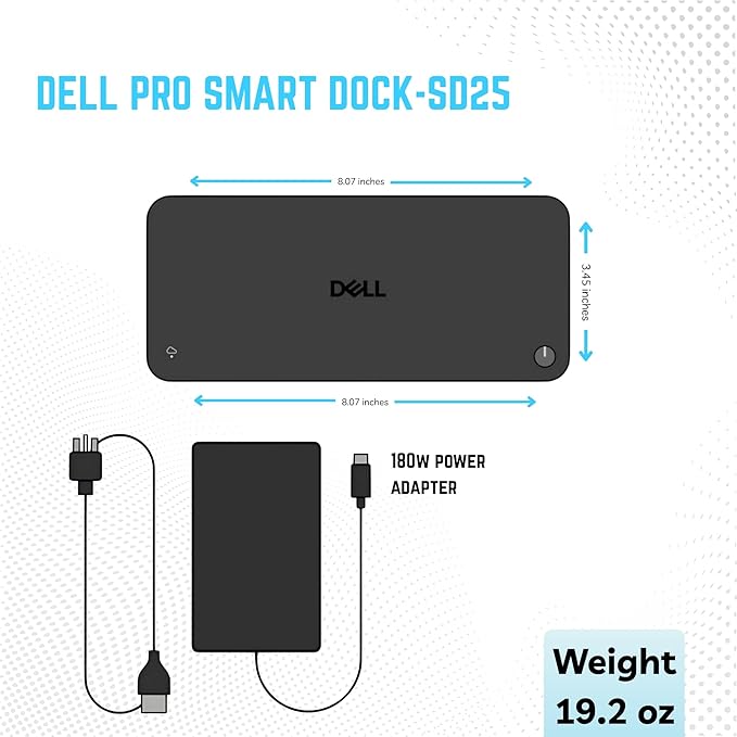 Dell Pro Smart Dock SD25-3 Year Warranty - 10Gbps, Supports Dual/Triple Monitors & 4K Displays with 180W Power Supply, HDMI, DisplayPort, USB C Cable, Cloth - Docking Station