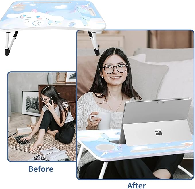 Kawaii Laptop Desk Foldable Kawaii Bed Desk Table Cute Folding Breakfast Tray Portable Lap Standing Desk Notebook Stand Reading Holder for Bed/Couch/Sofa/Floor (Blue)