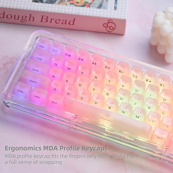 Womier Keycaps Jelly Pink - Ceramic Keycaps Style, Clear Keyboard Key Cap, Transparent Side Printed Custom 60 65 75 100 Percent for Cherry MX, Outemu, Gateron Mechanical Keyboards(MDA Profile)