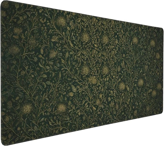 Dark Green Floral Desk Mat Gold Flowers XXL Large Desk Pad - Anti-Slip Stitched Edges Mouse Pad for Women, Office & Home, Extra Big Computer Keyboard Mat for Desktop, Aesthetic Office Decor