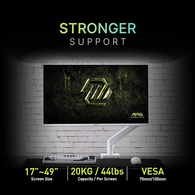 MSI MAG MT201W - Premium Heavy Duty Single Monitor Stand Arm, Supports 17-49" and 44 lbs, VESA Compatible, Adjustable Spring Assisted Mount, Clamp & Grommet, Quick Release Plate - Black