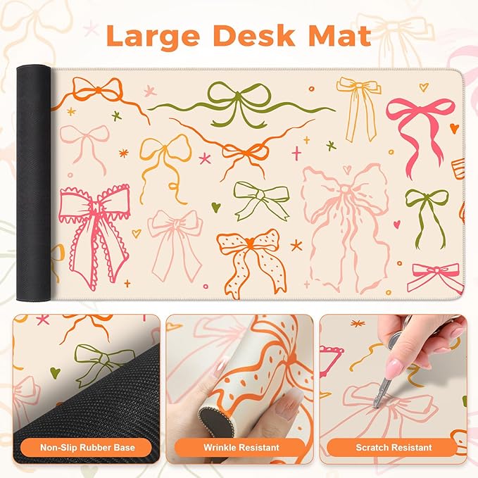 iLeadon Desk Protector Mat, Non Slip Long Mouse Pad and Keyboard Wrist Rest, Carpal Tunnel Mouse Pad and Computer Wrist Support, Soft Ergonomic Keyboard Pad with Wrist Support for Women Office (Bow)