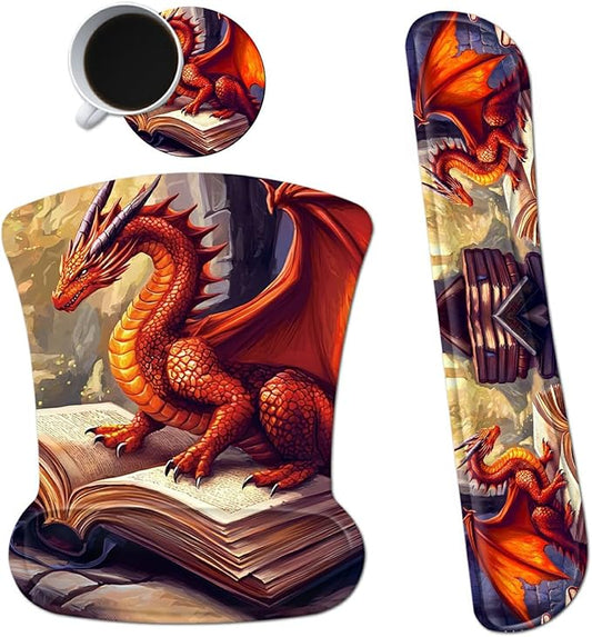 Ergonomic Mouse Pad with Wrist Support Gel Mouse Pads and Upgrade Keyboard Wrist Rest Pad Set, Coasters Non-Slip PU Base Mouse Mat for Office Gaming Computer Laptop Home, Red Dragon Books