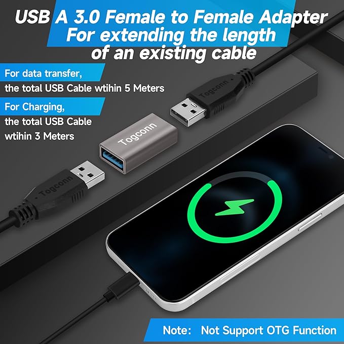 USB Coupler 2 Pack, Aluminum Shell USB 3.0 Type-A Female to Female Extension Adapter Connector, Support 5Gbps Data Transfer and Fast Charge for Connecting Extension Two USB-A Male Ends Cable