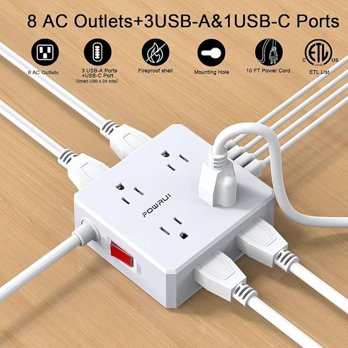 10Ft Surge Protector Power Strip - Flat Plug Extension Cord with 8 Widely Outlets and 4 USB Ports(1 USB C), 3 Side Outlet Extender for Home Office Dorm Room Essentials, White，ETL Listed