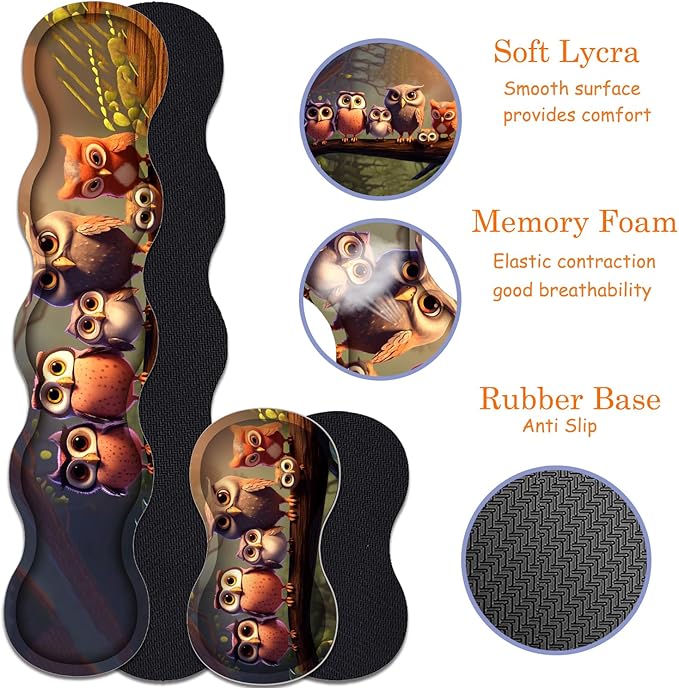 Large Gaming Mouse Pad + Keyboard Wrist Rest + Wrist Support + Coaster Set, Memory Foam Ergonomic for Easy Typing, XXL Extended Gaming Mouse Pad Table Pad - Cute Owl