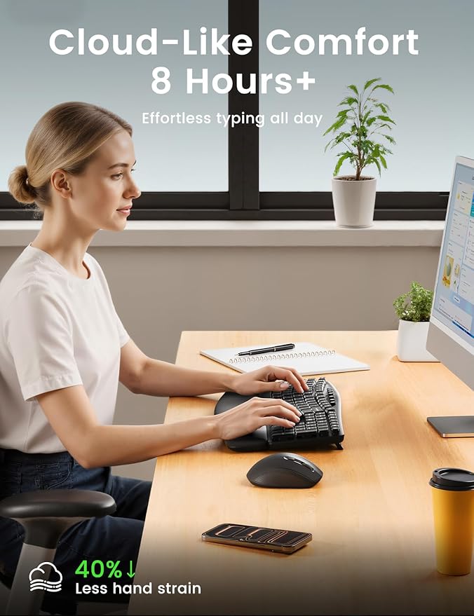 Wireless Keyboard and Mouse Combo, 30dB Quiet Ergonomic Wave Keyboard Set with Soft Leather Palm Rest, Dual-System Switch for Windows/Mac, Ideal for Business Teams Home Office - SABLUTE MA41