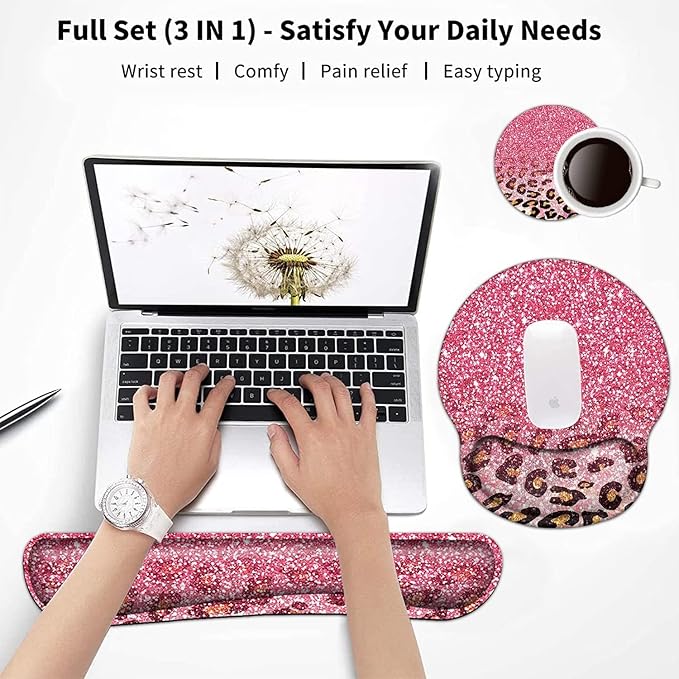 Keyboard Wrist Rest and Mouse Pad with Wrist Support, Ergonomic Mouse Pad Coaster,Easy Typing Pain Relief, Memory Foam Keyboard Mousepad Set, Pink Leopard