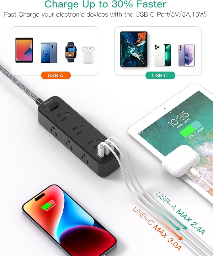 Mifaso Extension Cord, Surge Protector Power Strip, Long Power Strip with 9 Outlets 3 USB Ports, Extension Cord with Multiple Outlets, USB Power Strip for Dorm Room Essentials, College(10FT, Black)