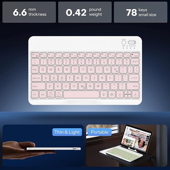 OMOTON Bluetooth Keyboard for Tablet/Android/Windows/iOS, with 7 Colors Backlight Rechargeable Wireless Mini Keyboard for Galaxy Tab A9+ / S9 FE / S10 / S11 / A11 Series etc, Pink