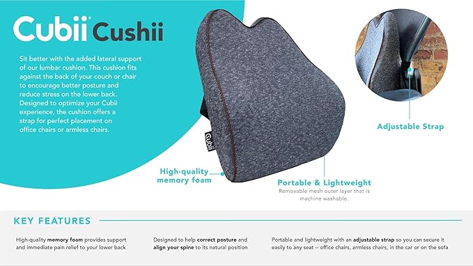 Cubii Cushii Back Support Cushion for Back and Lower Back Relief Universal Fit for Desk, Office, Kitchen Chairs, Couch Cushions with Advanced Lumbar Support