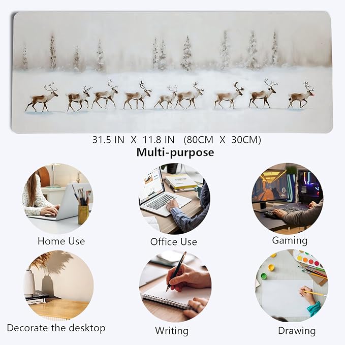Winter Reindeer Mouse Pad,XL Large Vintage Winter Christmas Desk Mat,Christmas Desktop Decorations for Home Office Dorm,31.5x11.8 Inch
