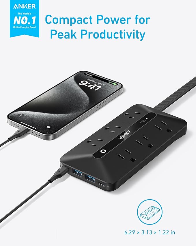 Anker 300J Flat Plug 10-in-1 Ultra Thin Power Strip with 6 AC, 2 USB-A & 2 USB-C Ports, Extension Cord, Desk Charging Station for Home, Office, College, Dorm, 5 Feet, Black (Pack of 2)