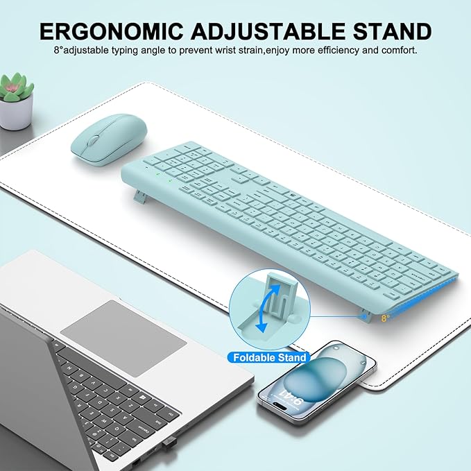 Wireless Keyboard and Mouse Combo, Full-Size Silent Ergonomic Keyboard and Optical Mouse, Long Battery Life, 2.4GHz Lag-Free Cordless Mice Keyboard for Computer, Mac, Laptop, PC, Windows(Green)