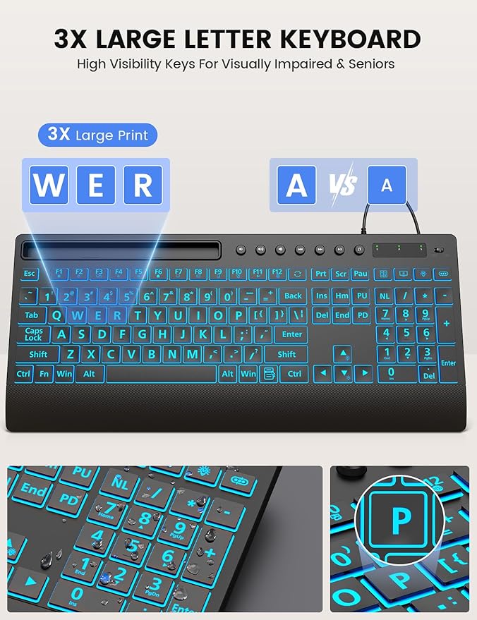 SABLUTE K31PRO Wired Keyboard with Large Print, Backlight Memory Function, Light up Computer Keyboards with Phone Holder & Wrist Rest, Quiet Keyboards for PC Laptop
