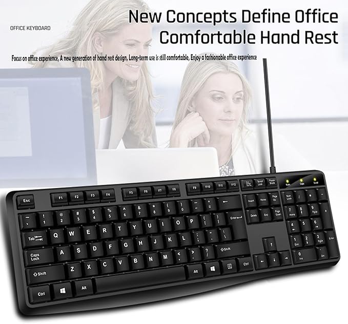 Wired Computer Keyboard, Plug Play USB, Large Number Pad, LED Indicators，Ergonomic, Foldable Stands,Anti-Wear Letters Full Size Keyboard,for Windows Mac PC Laptop-Black