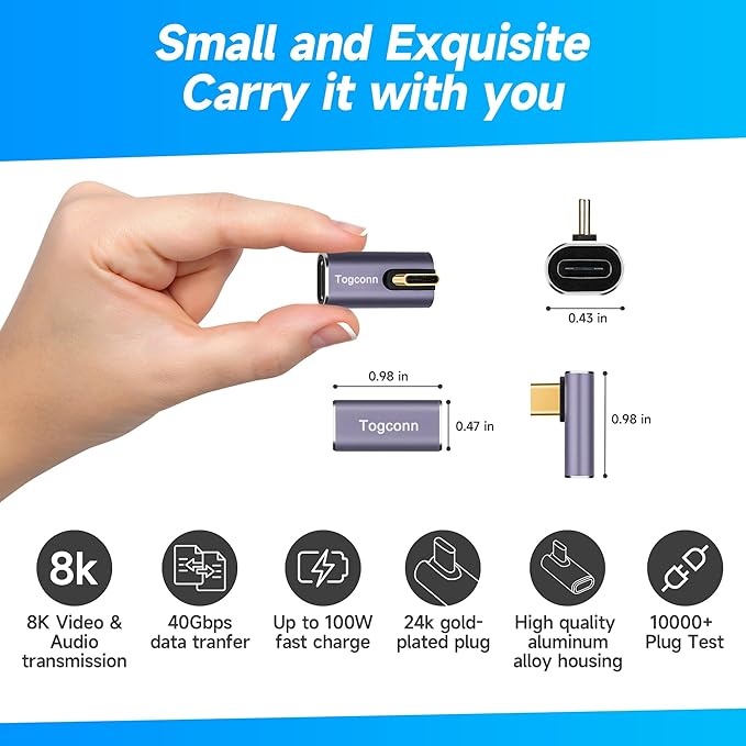 90 Degree Right Angle USB C Adapter (4 Pack), USB Type-C Male to Female Extender Connector, 40Gbps, 8K@60Hz Compatible with MacBook Pro/Air, iPhone 15/15 Pro Max, iPad Pro, Tablet, Phone, More