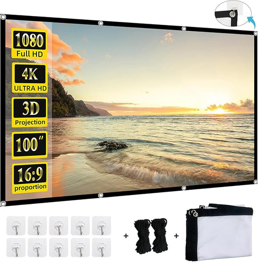 100-inch Projector Screen 4K 16:9 HD Foldable Washable Portable Projection Movies Screens Support Double Sided Projection for Home Theater Backyard Outdoor Indoor