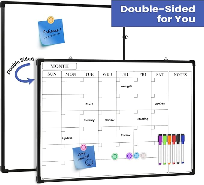Monthly Whiteboard Calendar for Wall, 24" x 18" Dry Erase Board with Plastic Frame, Hanging Dry Erase Calendar with 3 Mini Sticky Notes for Kitchen Planner, Memo, Home and Office, Black