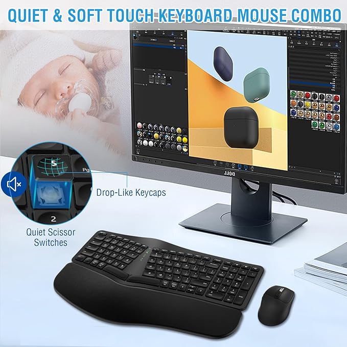 Ergonomic Wireless Keyboard Mouse Combo, EDJO Bluetooth/2.4G Dual Channel, Split Design, Soft Foam Palm Rest, 4 Level DPI Adjustable Wireless Mouse, Rechargeable, for Windows/Mac/Android（Black）