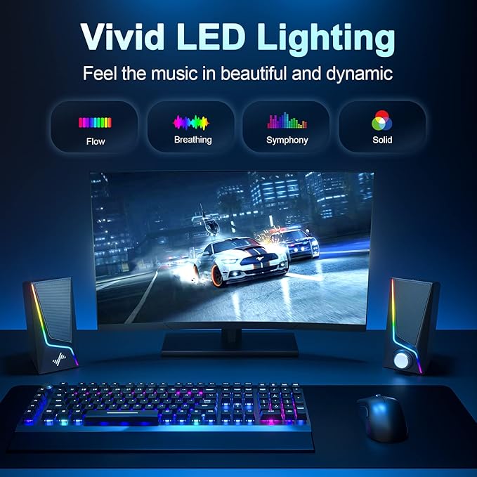Nylavee Computer Speakers, PC Speakers with 6 Lighting Modes, USB Powered Computer Speakers for Desktop PC with 2 Bass-Boost Ports, 2 Speaker Units, and 3.5mm Aux-in for PC, Laptop, Monitor, Gaming