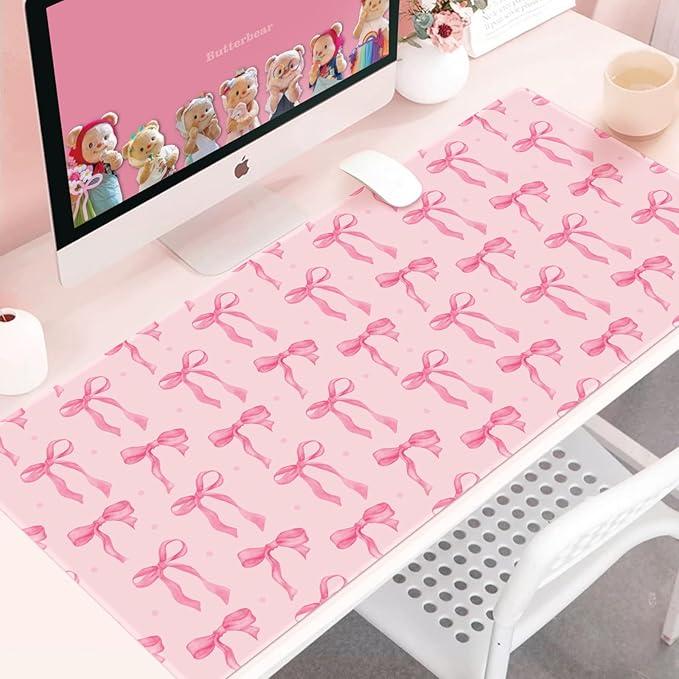 Pink Desk Mat with Bows, Cute Bow Mouse Pad for Computer Laptop PC Non-Slip Rubber Base Gaming Keyboard Pad, Large Office Mat Girly Décor Office Supplies Accessories for Teen Girls Women 35.4 x 15.7in