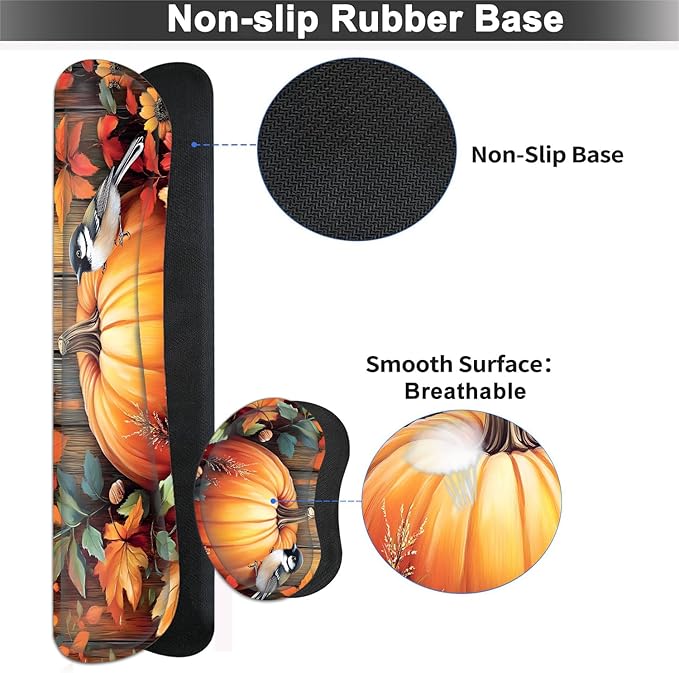 Large Mouse pad and Keyboard Support Set, Ergonomic Memory Foam Keyboard Wrist Rest, Extended Gaming Mouse Pad with Stitched Edges, Fall Pumpkins and Bird XXL Desk Mat (31.5 X 11.8 in)