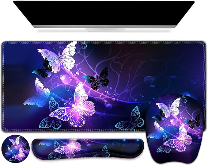 Large Mouse Pad with Wrist Support 4in1 Set, XXL Game Mousepad + Keyboard Wrist Rest+Mouse Wrist Rest+Coaster with Ergonomic Design Gaming Mat for Home Office Table Computer I Purple Butterfly