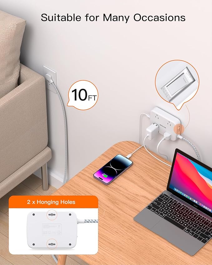 10FT Surge Protector Power Strip, Flat Extension Cord with 2 USB C, Flat Plug Power Strip, 4 Widely Outlets and 4 USB Charging Ports, Outlet Extender, 900 Joules, for Home Office Dorm Room Essentials