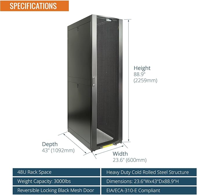 Tecmojo 48U Server Rack Cabinet - PRE-Assembled 24inch Width 43inch Depth IT Network Equipment Cabinet Rack Enclosure with Casters - 3000lbs Weight Capacity(06Black)