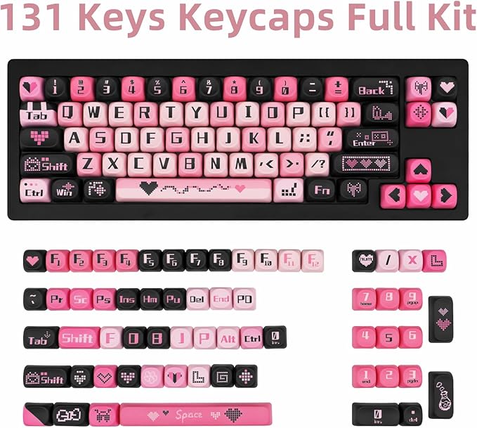 131 Keys PBT Keycaps Dye-Sublimation Black and Pink MOA Profile Custom Cute Keycaps for Cherry Gateron MX Swithes Mechanical Keyboards