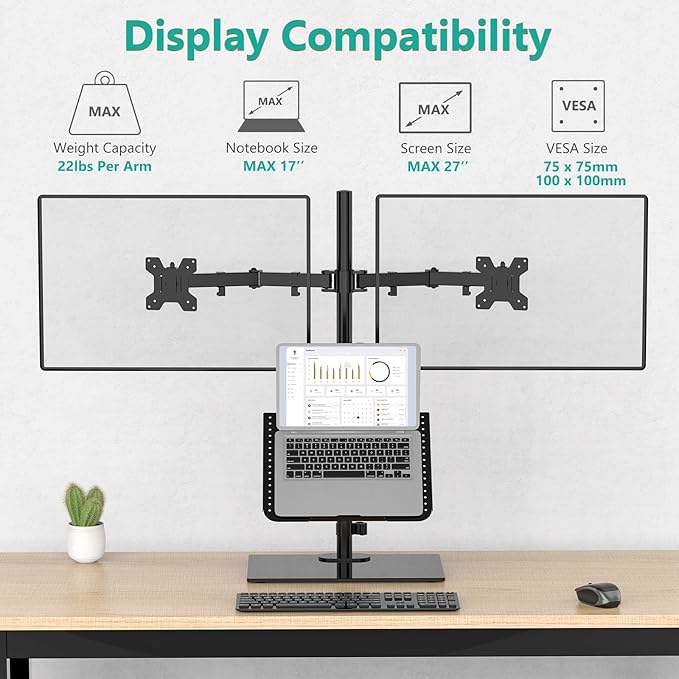 WALI Dual Monitor Stand with Laptop Holder, Height Adjustable Laptop Stand for Desk, Fits up to 27 inch Monitors and 17 inch Laptops, Freestanding Dual Monitor Mount with Glass Base(GMF003LP), Black