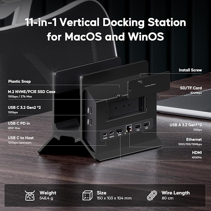 MacBook Pro Air Docking Station, Vertical USB C Laptop Docking Station with M.2 SSD Slot, HDMI 4K@60Hz, 4 USB A/C Max 10Gbps, Ethernet, SD/TF, PD Dock for MacBook/USB-C Win Laptops - Black