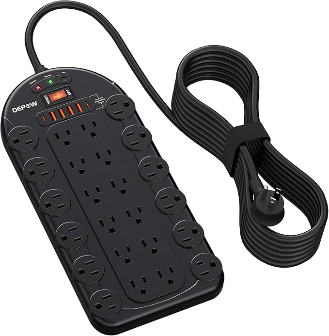 10Ft Power Strip Surge Protector with 24 AC Outlets (1875W/15A) 6 USBs (2 USB-C Ports), 3,400 Joules, Heavy Duty Flat Plug Extension Cord, Wall Mountable for Home, Office, Black, ETL Listed