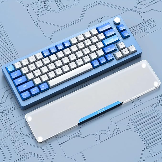 Acrylic Gaming Keyboard Wrist Rest,Clear Ergonomic Palm Rest with Anti-Slip Base,Customized Metal CNC Aluminum Alloy Logo for Compact 80% Computer Keyboard,Office,PC Gaming,Laptop,Mac,Easy Typing-Blue